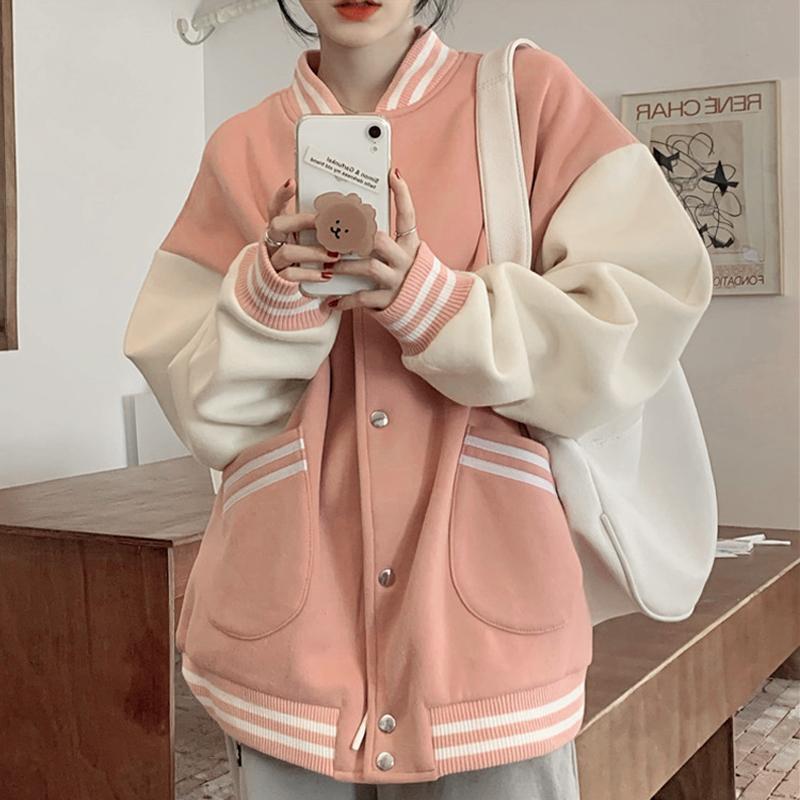 Womens Jackets Autumn Women Baseball Jacket Harajuku Casual Loose Pocket Printed Korean Oversize Bomber Sweatshirt Uniform Streetwear Tops 220901