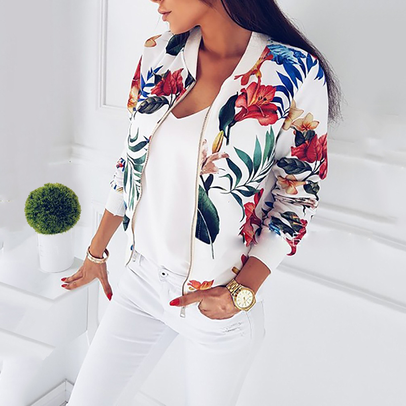 Womens Jackets Women Floral Printed Jackets Spring Autumn Long Sleeve Zipper Bomber Outwear Casual Pocket Slim Streetwear Female Plus Size Coat 220901