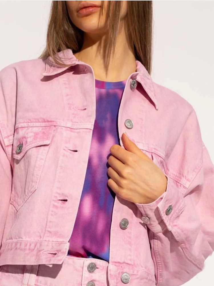 Womens Jackets Womens Pink Short Denim Jacket Single Breasted Long Sleeve Autumn Female TurnDown Collar Coat with Pockets 220901