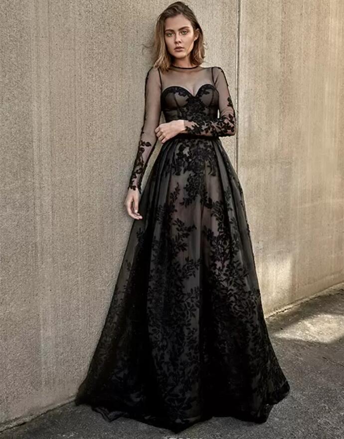 Black Gothic Wedding Dress illusion Long Sleeves Lace Sheer Illusion Sleeves Non White Vintage temple Bridal Gowns With Colors