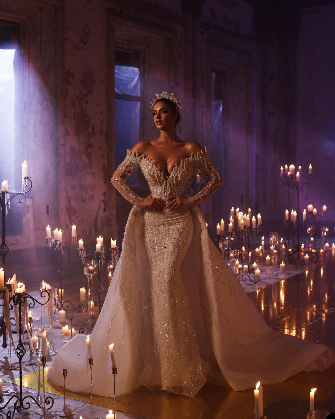 Saudi Arabia Sparkly Mermaid Wedding Dress Sequins Off Shoulder Long Sleeve Bride Dresses With Detachable Train Robe De Mariee