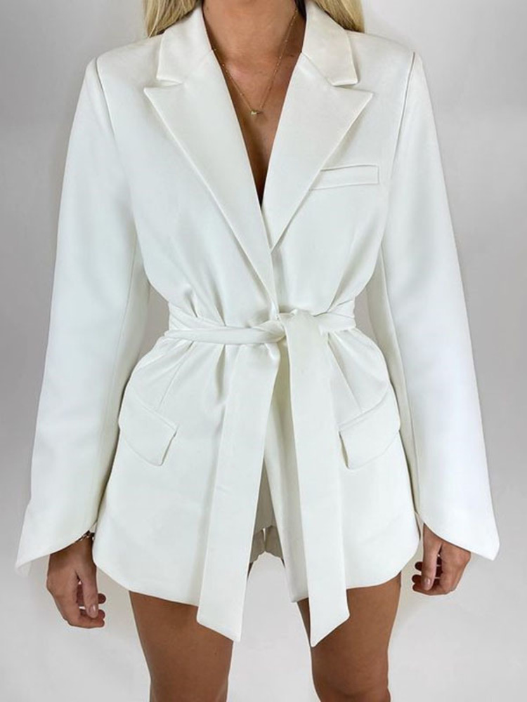 Womens Jackets LGRQ Slim Fit Khaki Elegant Belted Lace Blazer Notched Neck Long Sleeve Blue Coat Fashion Autumn 19D1909 220901