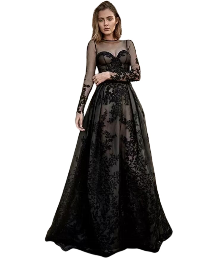 Black Gothic Wedding Dress illusion Long Sleeves Lace Sheer Illusion Sleeves Non White Vintage temple Bridal Gowns With Colors