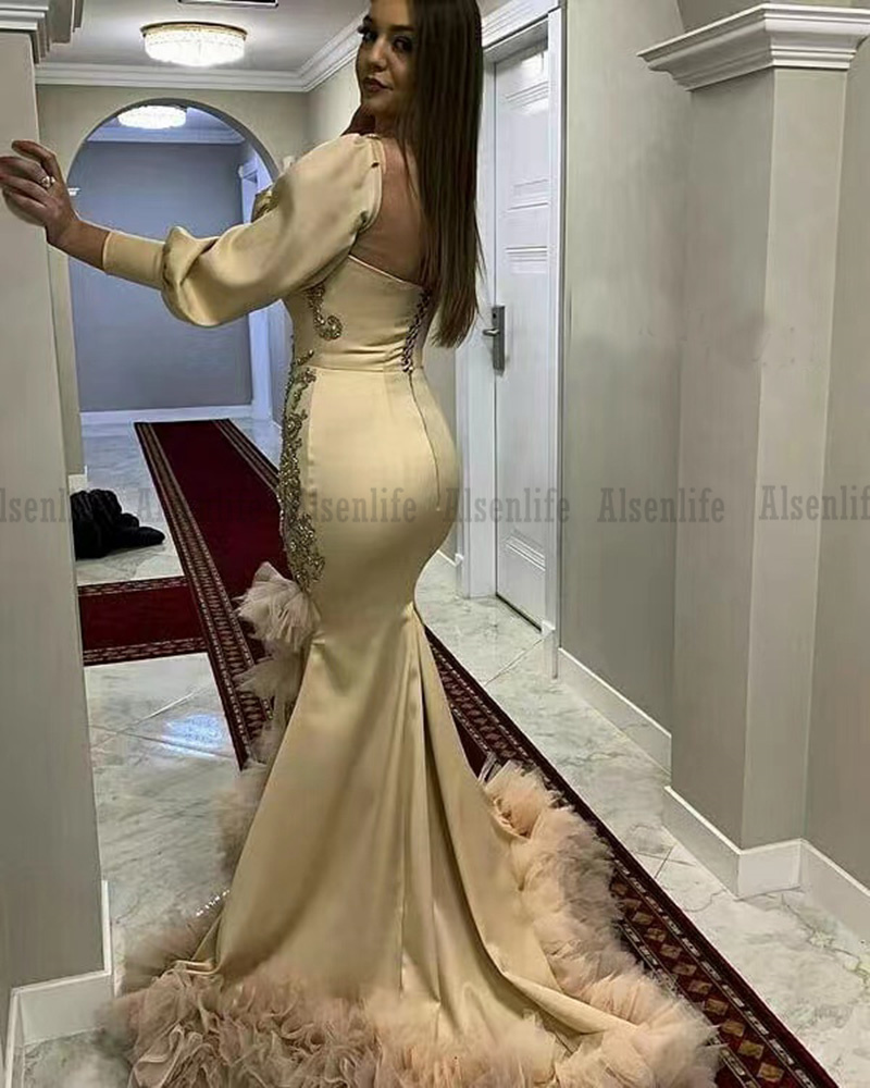 Champagne Evening Dresses Long Sleeves Satin African Mermaid Prom Gowns For Women Occasion Party Dress