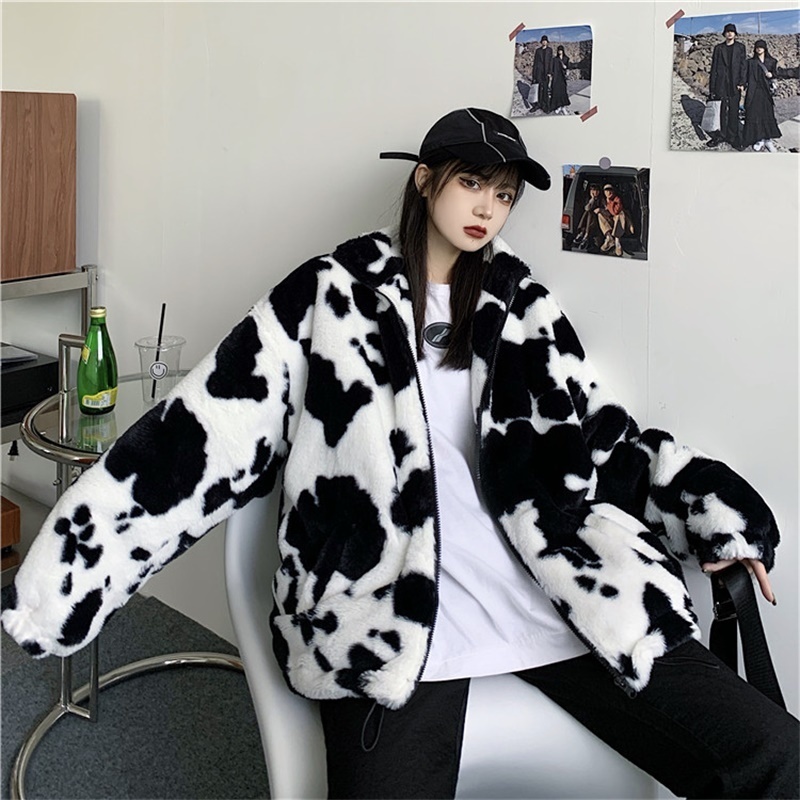 Womens Jackets Korean Winter Fashion Coat Harajuku Cows Printing Loose Full Sleeve Leather Jacket Vintage Flannel Keep Warm Cotton Clothes 220901