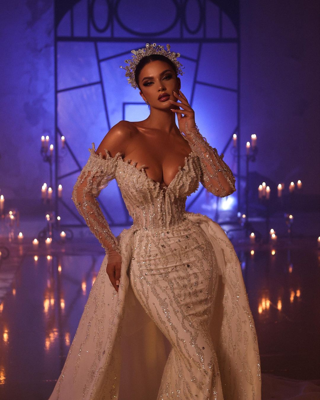 Saudi Arabia Sparkly Mermaid Wedding Dress Sequins Off Shoulder Long Sleeve Bride Dresses With Detachable Train Robe De Mariee