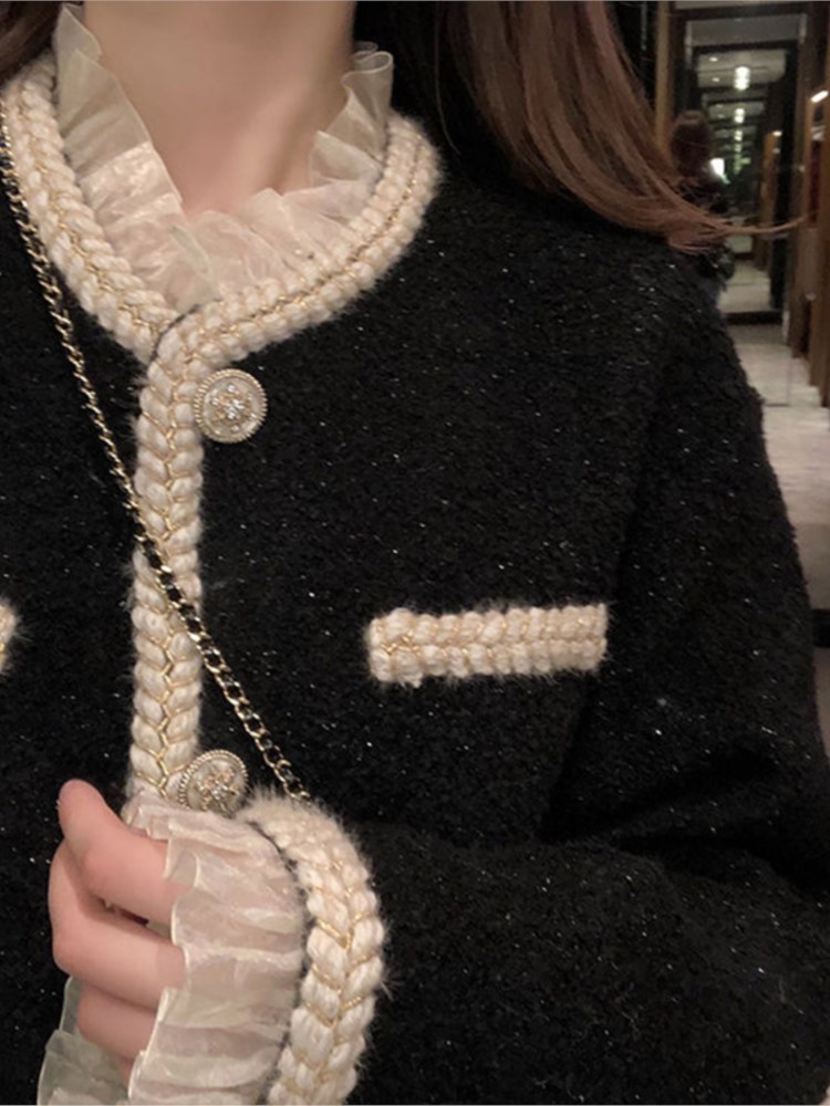 Womens Jackets Hstar Elegant Slim Short Autumn Caot Women Korean style Lace Pathchwork Tweed jackets court style knitted Cardigan outwear 220901