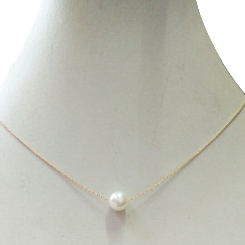 14K Gold Plated Single Pearl Floating Necklace for Women Elegant White Freshwater Pearl Chain Necklaces Wedding Jewelry Gift