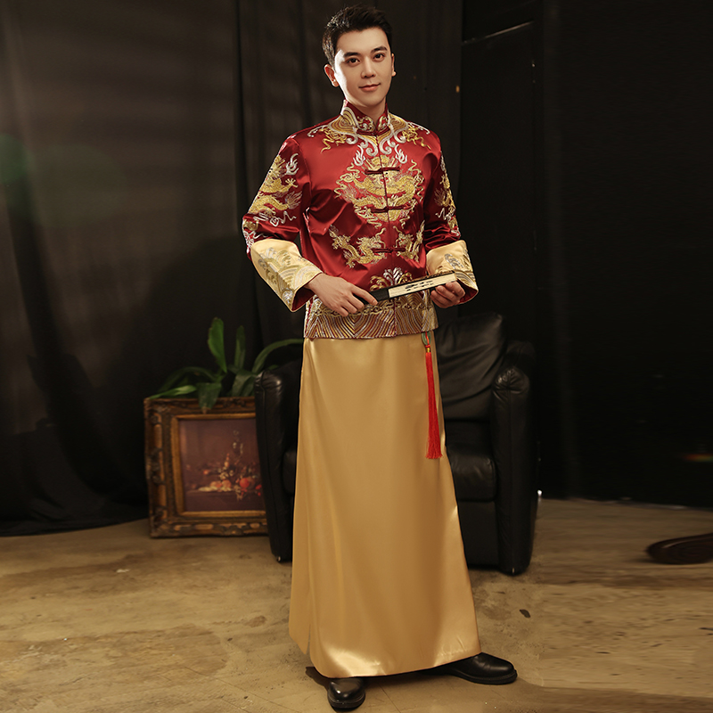 Vintage ethnic clothing men's Tang suit set traditional Chinese Wedding costume Embroidered Dragon gown male Cheongsam