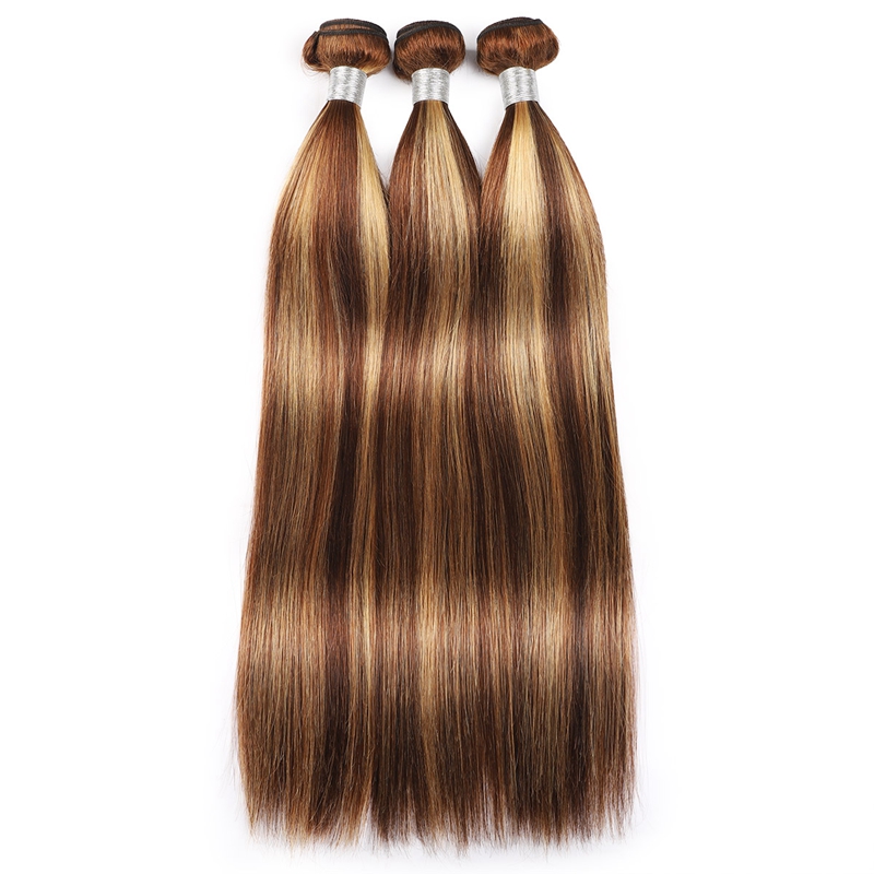 Brazilian Indian Raw Virgin Human Hair Wefts 3 Bundles With 2X6 Lace Closure P4/27 Piano Color Straight 4 Pieces/lot
