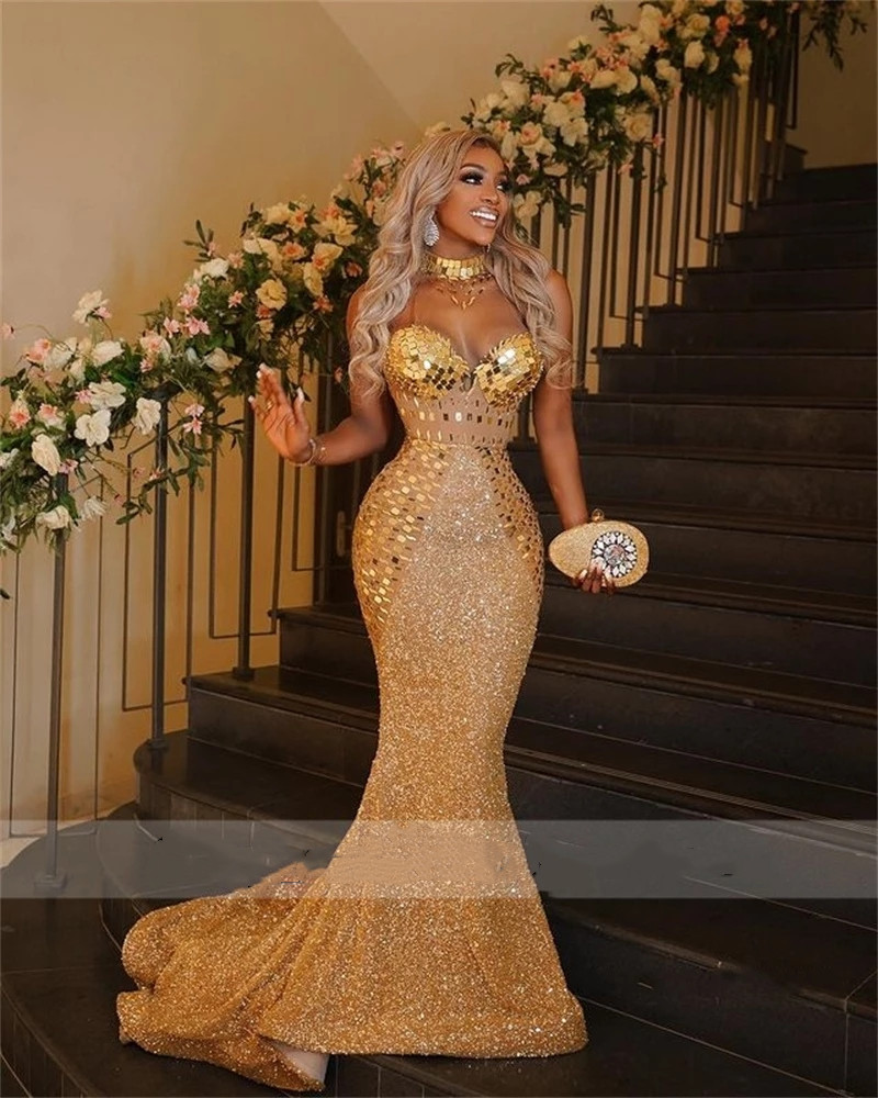 Sparkly Sexy Mermaid African Prom Dress 2023 For Black Girls Sequin Beads Birthday Party Celebrity Gowns Robe De Bal