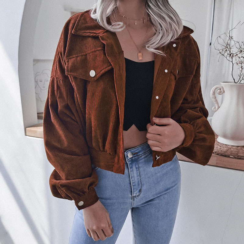 Womens Jackets Fashion Women Corduroy Lantern Long Sleeves Lapel BF Style Jacket Fall Winter Elegant Solid Color Loose Casual Short Jackets 220901