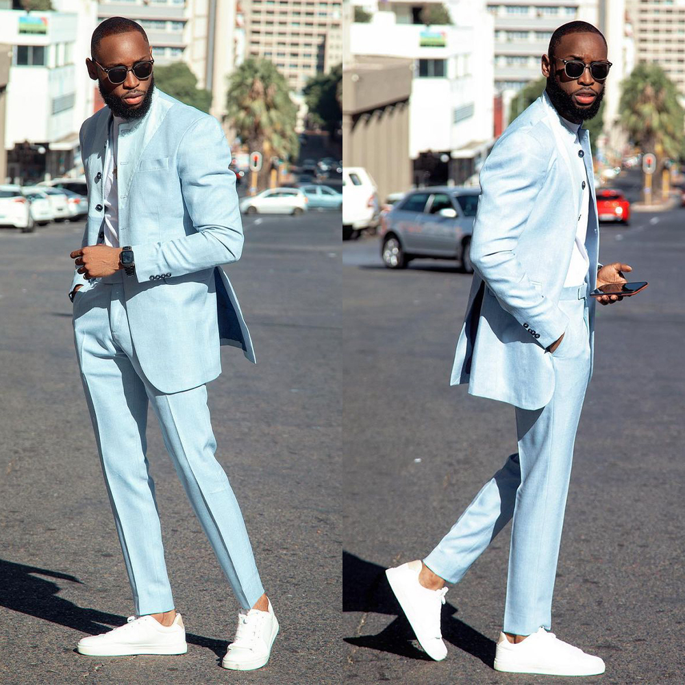 Beach Blue Groom Men Wedding Tuxedos 2 Pieces Long Outfits Costume Homme Mariage Party Prom Blazer Wear