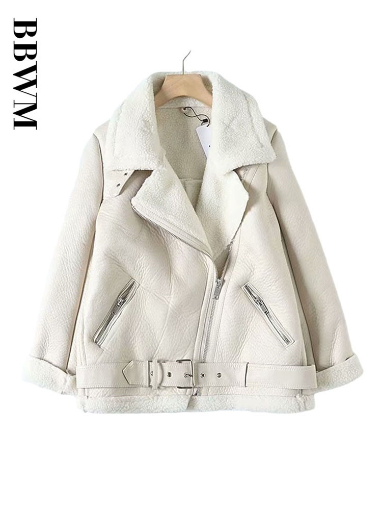 Womens Jackets Fur Locomotive Retro with Belt Riding Winter Womens Jacket Longsleeved Lapel Padded Warm Black Zip Chic Female Coat Tops 220901