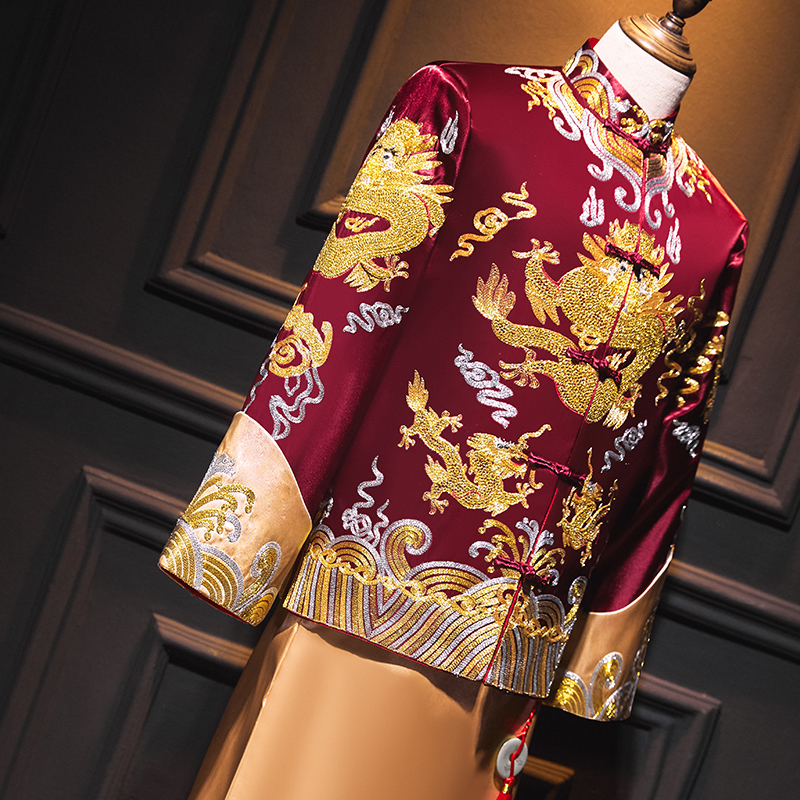 Vintage ethnic clothing men's Tang suit set traditional Chinese Wedding costume Embroidered Dragon gown male Cheongsam