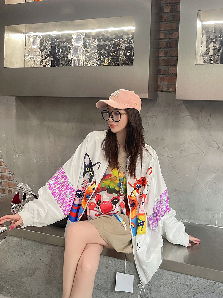 Womens Jackets Cartoon Sequins Bomb Jacket For Girls Kawaii Batwing Sleeve Outfit Casual Loose Windbreaker Teensage Tops 220901