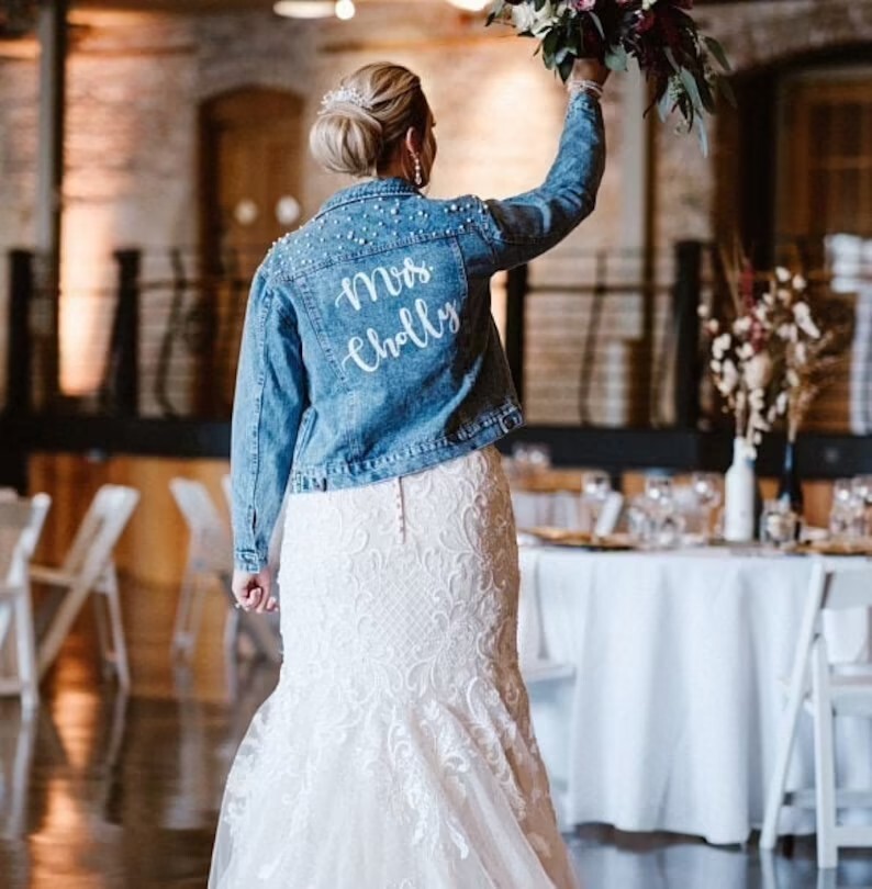 Womens Jackets Personalised Ladies Pearl Embellished Denim Jacket Bride Denim Jacket Mrs Just Married Custom Bride Wedding Jacket with Date 220901