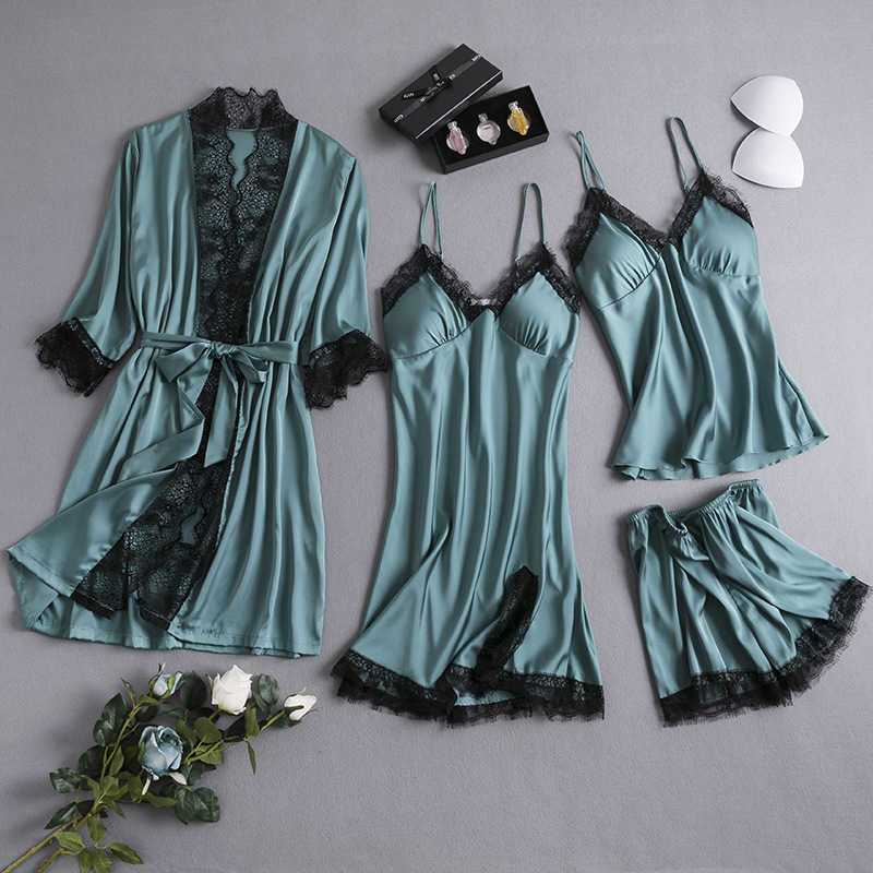 Women's 4-Piece Sexy Ice Silk Suspender Shorts Set Summer Lingerie Nightgown Pamas Home Clothes with Chest Pad