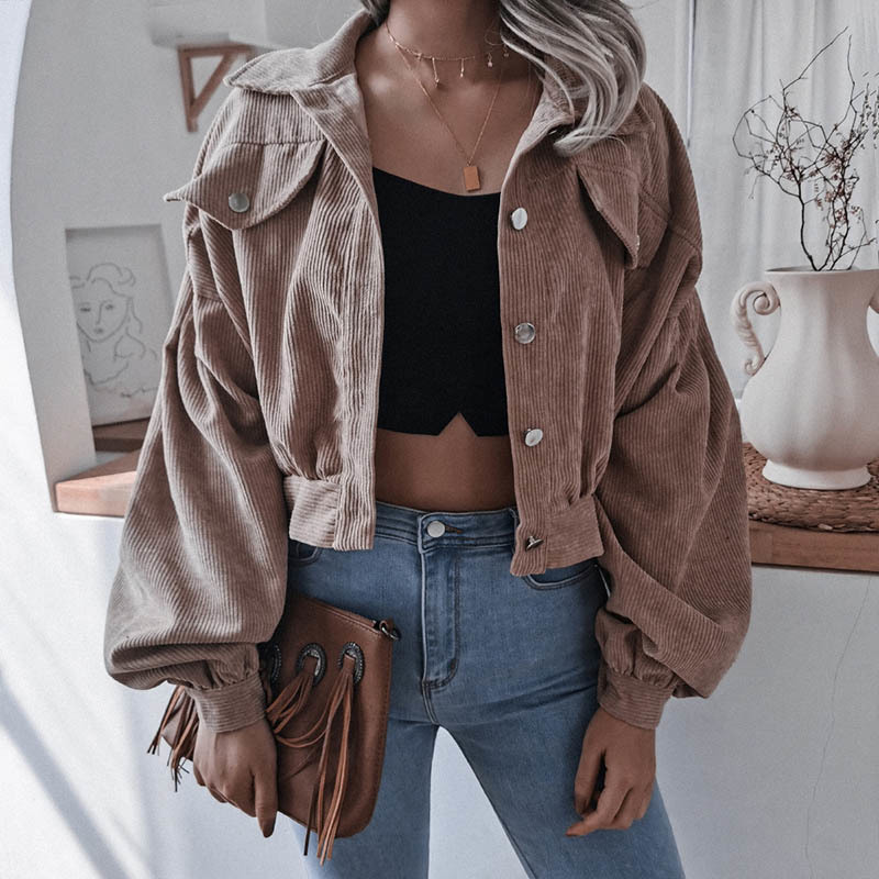 Womens Jackets Fashion Women Corduroy Lantern Long Sleeves Lapel BF Style Jacket Fall Winter Elegant Solid Color Loose Casual Short Jackets 220901