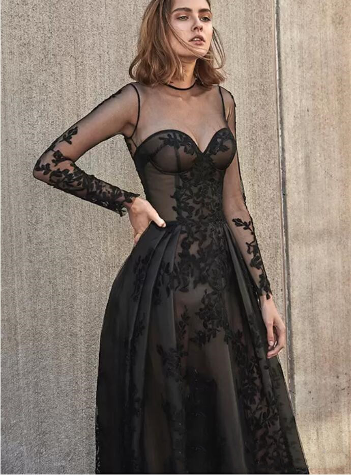 Black Gothic Wedding Dress illusion Long Sleeves Lace Sheer Illusion Sleeves Non White Vintage temple Bridal Gowns With Colors