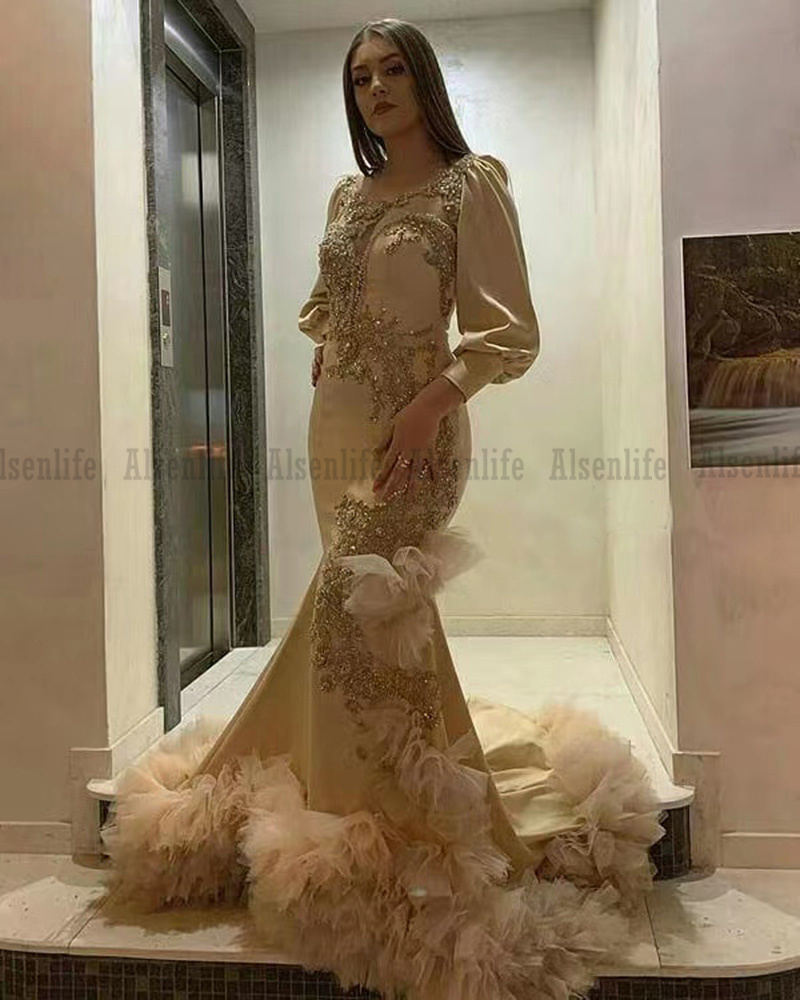 Champagne Evening Dresses Long Sleeves Satin African Mermaid Prom Gowns For Women Occasion Party Dress