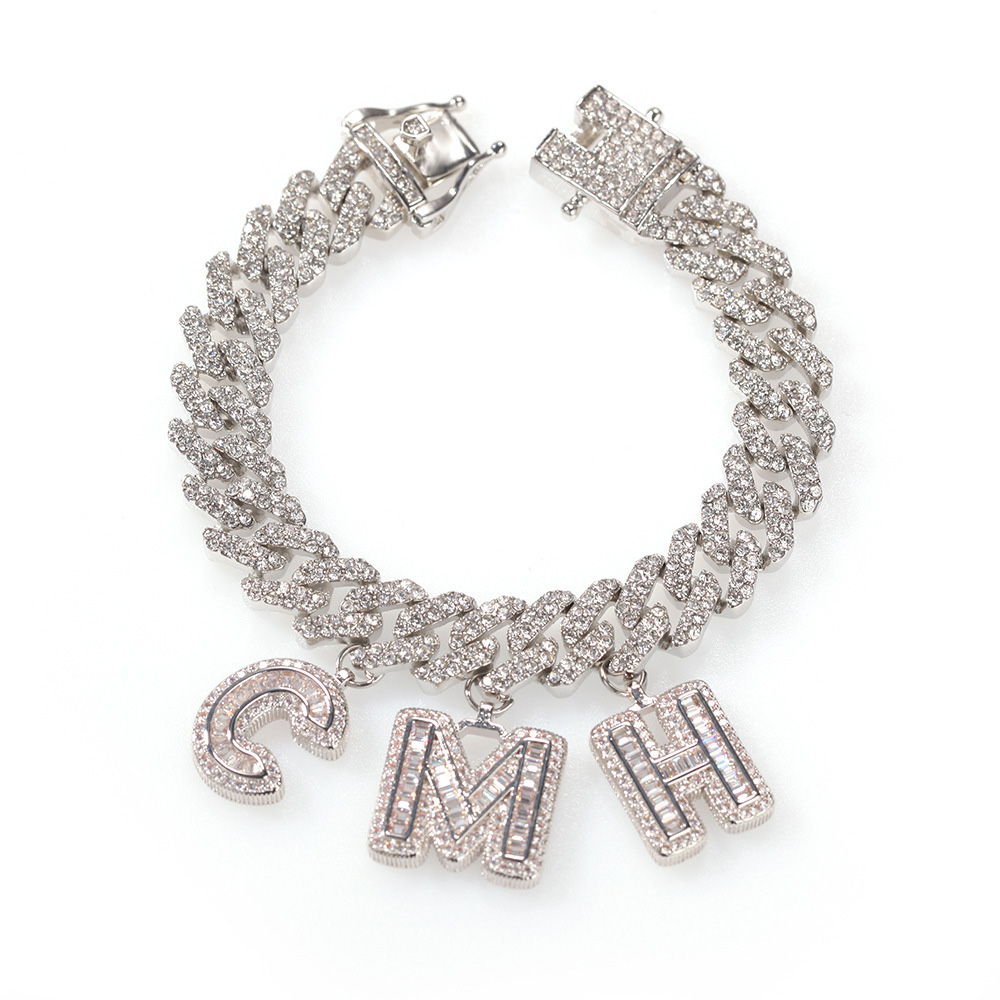 TopBling A-Z Custom Name Letters Pendant Necklaces Bracelets 12mm Cuban Link Chain Bracelet Real Gold Plated