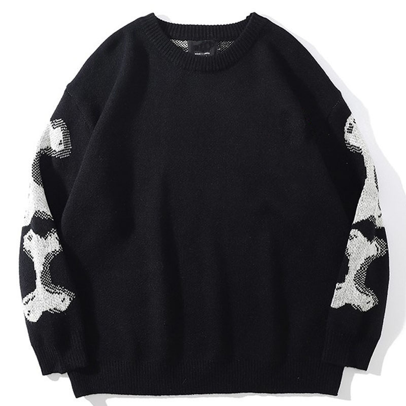 Men's Sweaters Men Oversized Sweater Black Loose Skeleton Bone Print Women Vintage Retro Knitted Sweater Autumn Cotton Pullover Couples Unisex 22