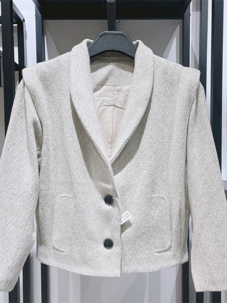 Womens Jackets Autumn Winter Lapel Double Button Pocket Herringbone Pattern Short Women Casual Longsleeved Jacket 220901