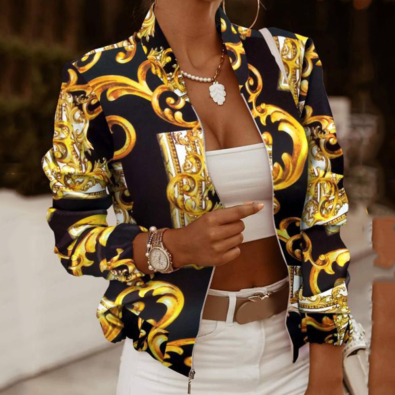 Womens Jackets Printed Bomber Biker Jackets Womens Spring Autumn Floral Casual Long Sleeve Pockets Streetwear Coat Female Zipper Slim Outwears 220901