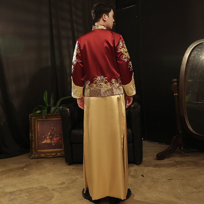 Vintage ethnic clothing men's Tang suit set traditional Chinese Wedding costume Embroidered Dragon gown male Cheongsam