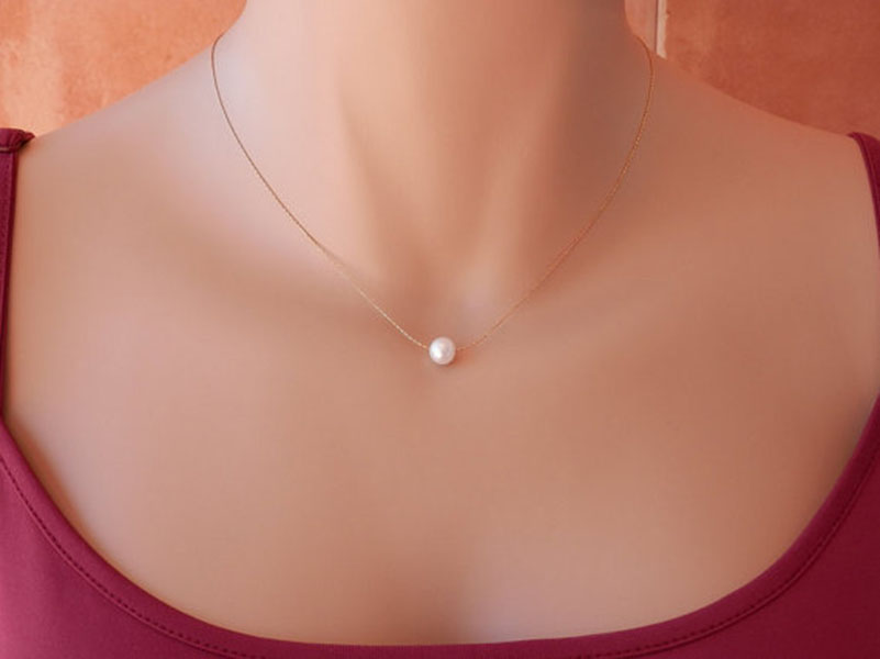 14K Gold Plated Single Pearl Floating Necklace for Women Elegant White Freshwater Pearl Chain Necklaces Wedding Jewelry Gift