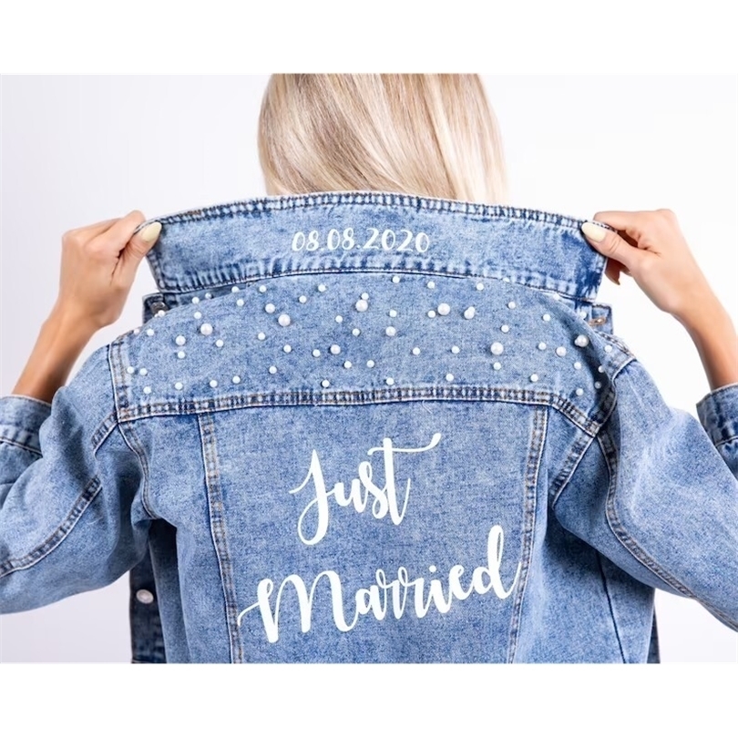 Womens Jackets Personalised Ladies Pearl Embellished Denim Jacket Bride Denim Jacket Mrs Just Married Custom Bride Wedding Jacket with Date 220901