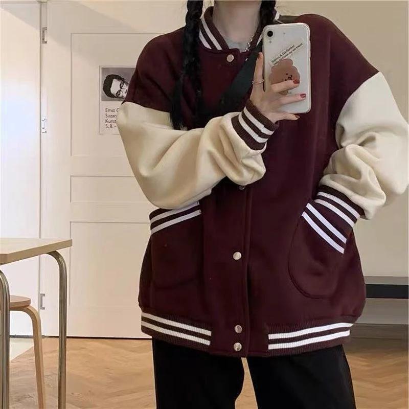 Womens Jackets Autumn Women Baseball Jacket Harajuku Casual Loose Pocket Printed Korean Oversize Bomber Sweatshirt Uniform Streetwear Tops 220901