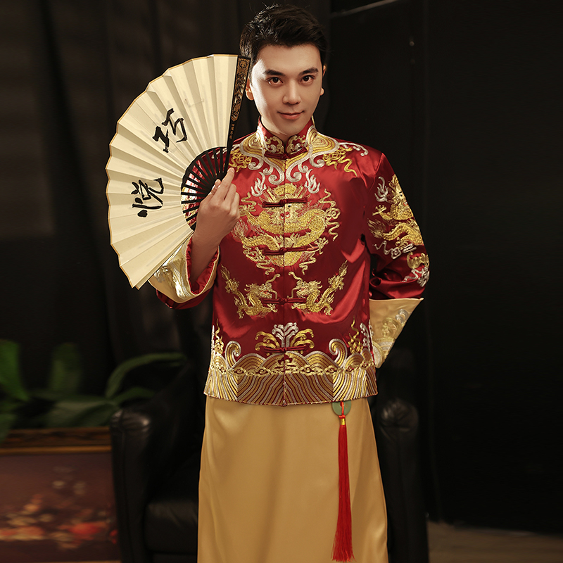 Vintage ethnic clothing men's Tang suit set traditional Chinese Wedding costume Embroidered Dragon gown male Cheongsam