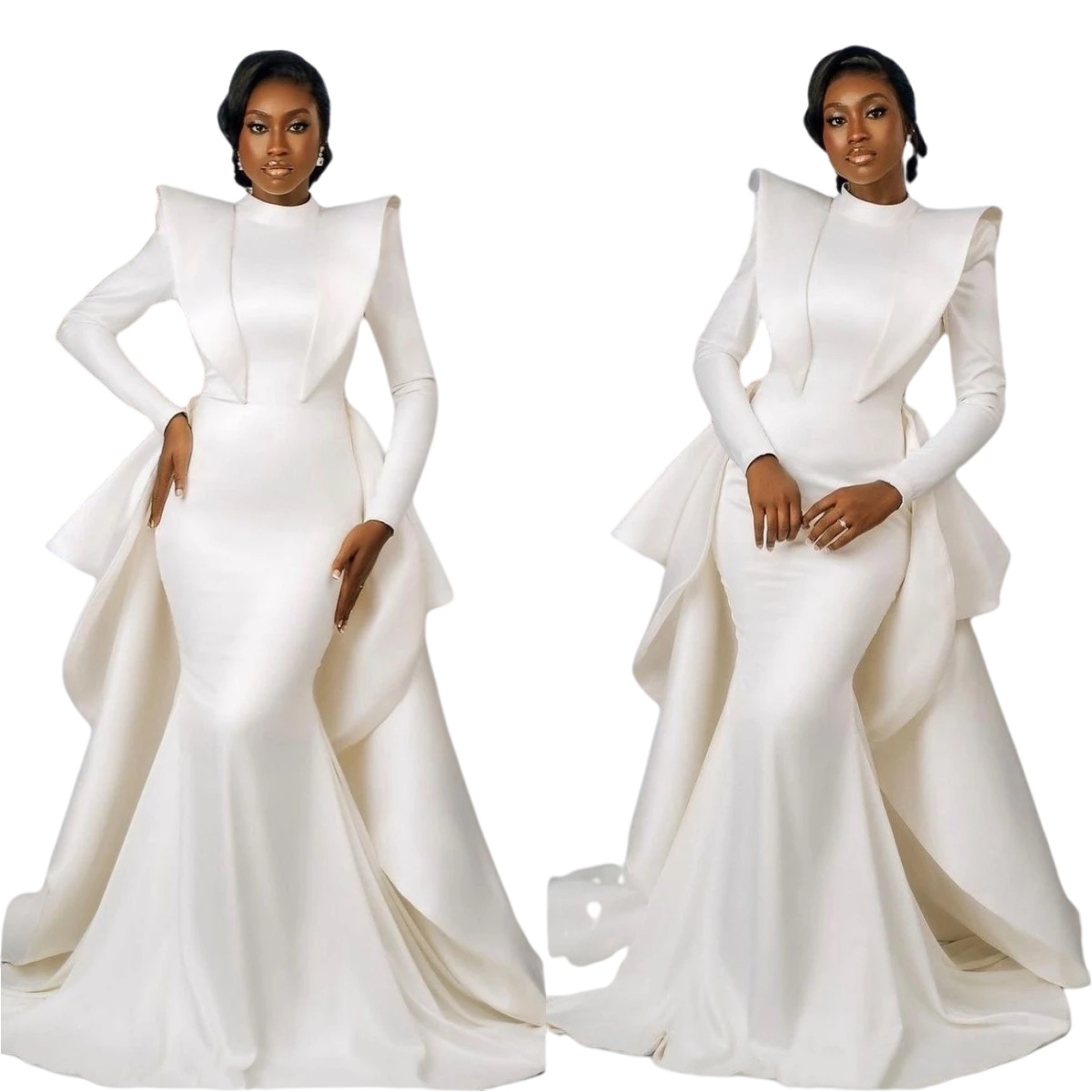 High Neck Wedding Dress for Women 2022 Bride Mermaid Satin vestido de novia Detachable Train Long Sleeved Wedding Gowns