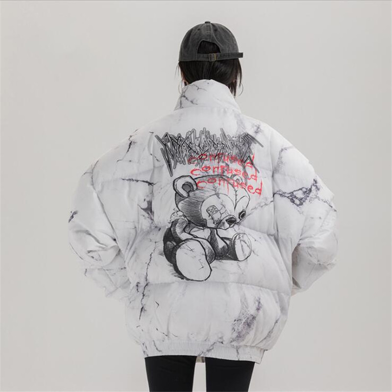 Mens Down Parkas Hip Hop Jacket Parka Hurt Bear Print Men Winter Oversize Windbreaker Streetwear Harajuku Padded Jacket Coat Warm Outwear Hipster 2209