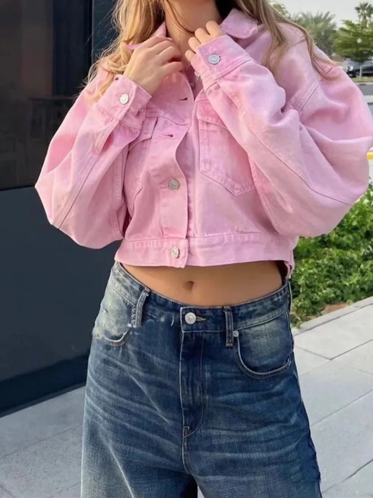 Womens Jackets Womens Pink Short Denim Jacket Single Breasted Long Sleeve Autumn Female TurnDown Collar Coat with Pockets 220901