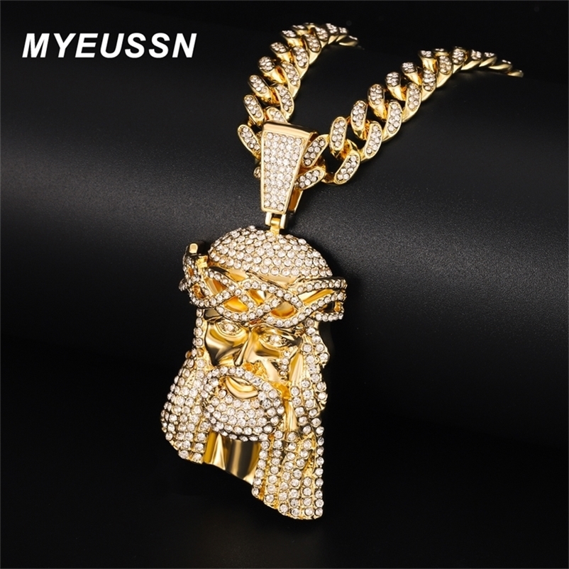 Pendant Necklaces Hip Hop Jesus Men Ice Out Paved Full Shining Crystal Head Face Gold Color Charm Cuban Jewelry 220831