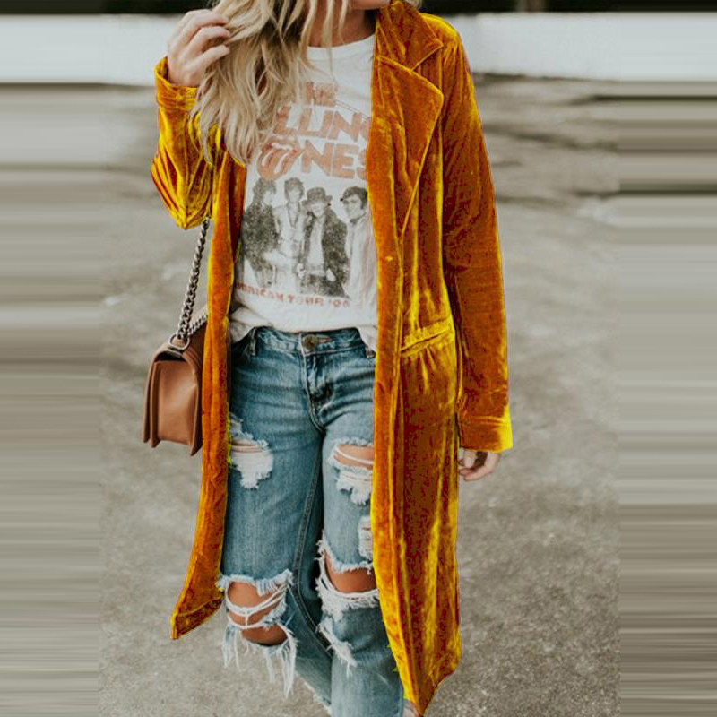 Womens Jackets Fashion Fall Winter Women Lapel Cardigan Buttons Long Jacket Casual Solid Color Golden Velvet Office Lady Elegant Soft Coats 220901