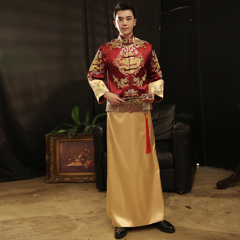 Vintage ethnic clothing men's Tang suit set traditional Chinese Wedding costume Embroidered Dragon gown male Cheongsam