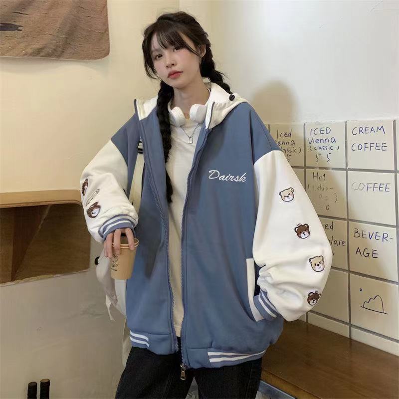 Womens Jackets Blue Print Casual Loose Jacket Baseball Jacket Hooded Womens Coat Womens Autumn Winter Coat Sports Style 220901