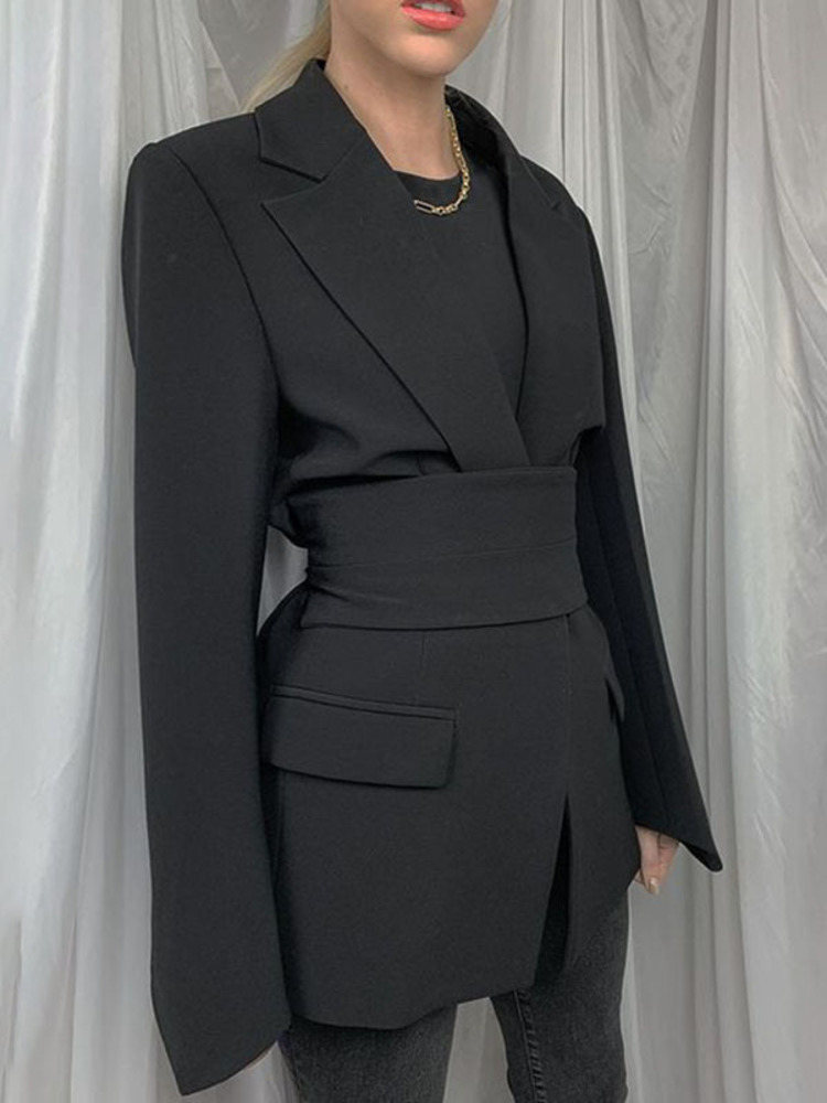 Womens Jackets LGRQ Slim Fit Khaki Elegant Belted Lace Blazer Notched Neck Long Sleeve Blue Coat Fashion Autumn 19D1909 220901