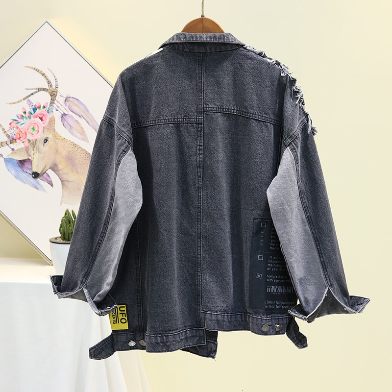 Womens Jackets EWQ Vintage Full Sleeve Appliques spaper Pattern Loose Chic Black Denim Jacket Leisure Trend Coat Autumn QL14001 220901