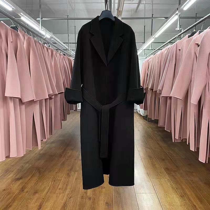 Women's Wool Blends Korean Classic Handmade len Overcoat Women Autumn And Winter DoubleSided Long Loose Lacing Belt Black 100% Coat 220902
