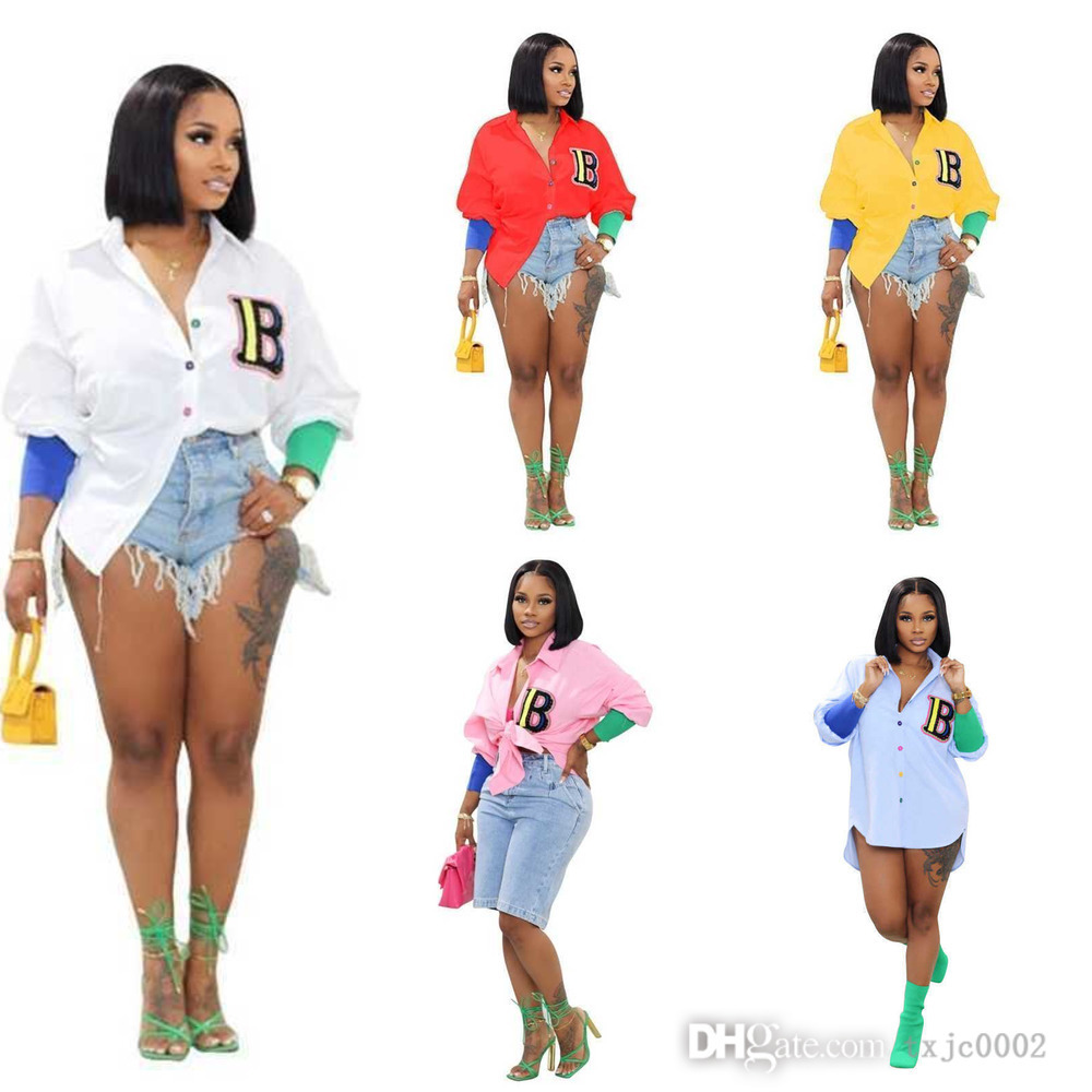 Designer Women Blouses Shirts Fashion Splicing Thread Sleeve Tops Button Letter Print Tees, White
Designer Women Blouses Shirts Fashion Splicing Thread Sleeve Tops Button Letter Print Tees, White