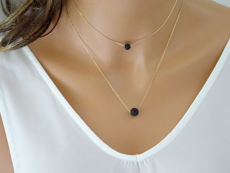 Natural Lava Volcanic Ball Necklace for Women Round Stone Double Layer Oil Diffuser Choker Necklaces Love Fashion Wish Jewelry Gift