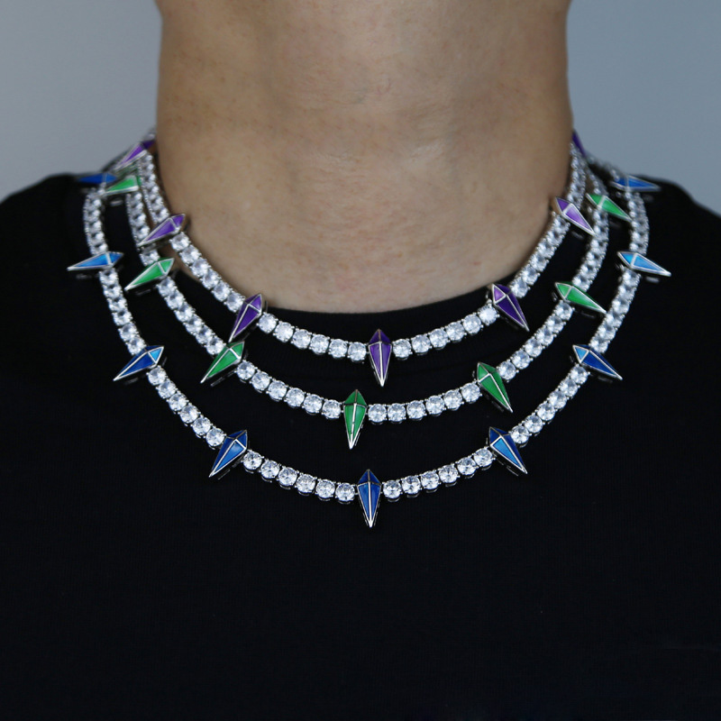 Hip Hop Tennis Chains Mens Luminous Dripping Oil Diamond Necklace Spring Buckle 18k Real Gold Bling Graduated