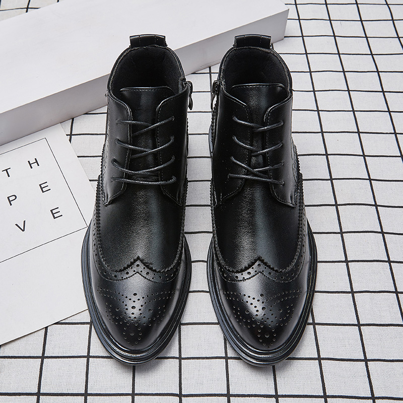 Bullock Ankle Boots Men Shoes Solid Color Carved Round Toe Lace Up Classic PU Stitching Fashion Casual Street Daily AD108