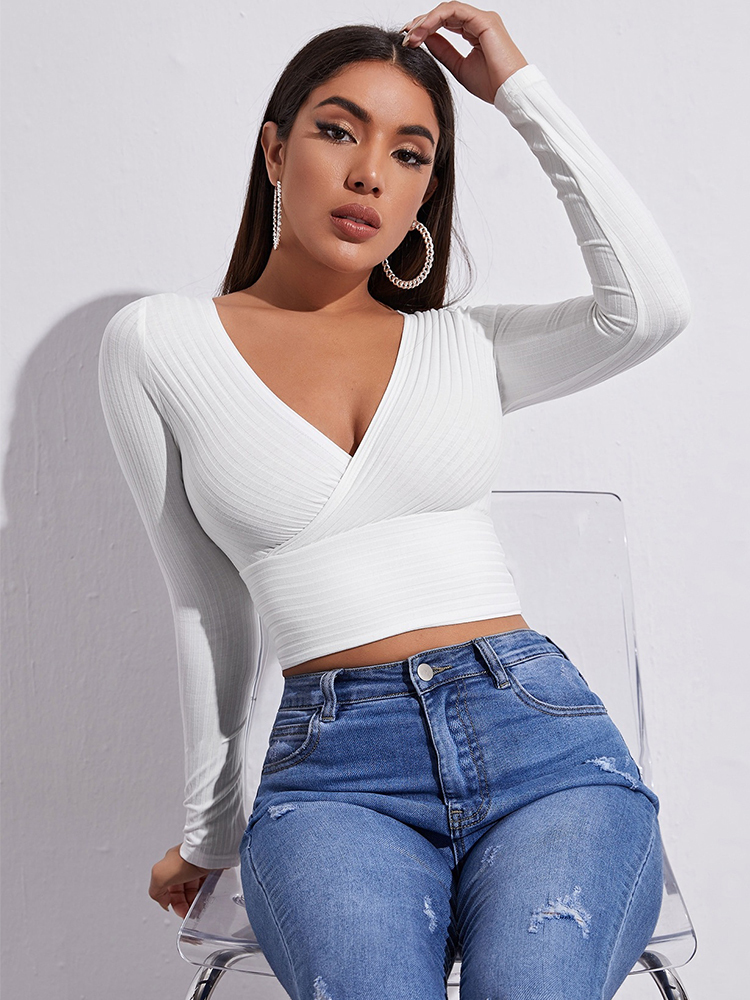 Womens T Shirt Women Casual Solid Long Sleeve Crop Tshirt Fashion VCollar Bare Midriff Stretch Tops Ribbed Knitted Elastic Slim Skinny Tees 220902