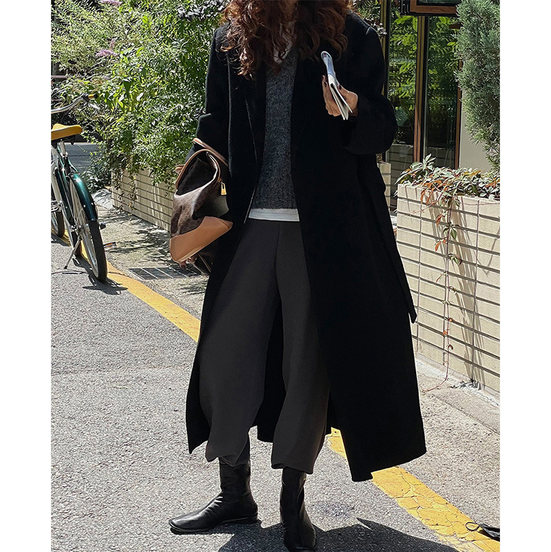 Women's Wool Blends Korean Classic Handmade len Overcoat Women Autumn And Winter DoubleSided Long Loose Lacing Belt Black 100% Coat 220902
